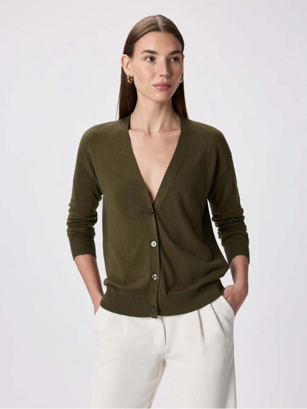 Quince Lightweight Cotton Cashmere Cardigan in Olive Green